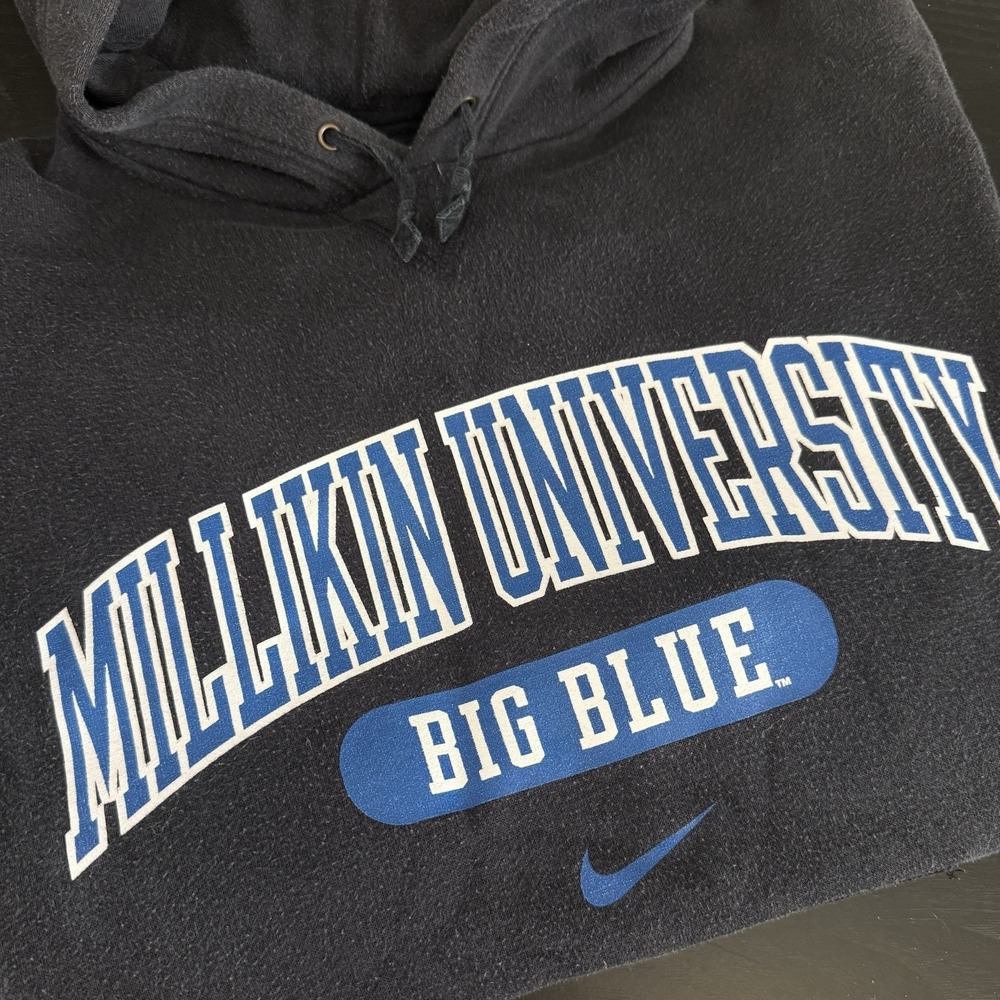 Vintage Nike Miliken Big Blue Hoodie Mens S Center‎ Swoosh Black Sweatshirt